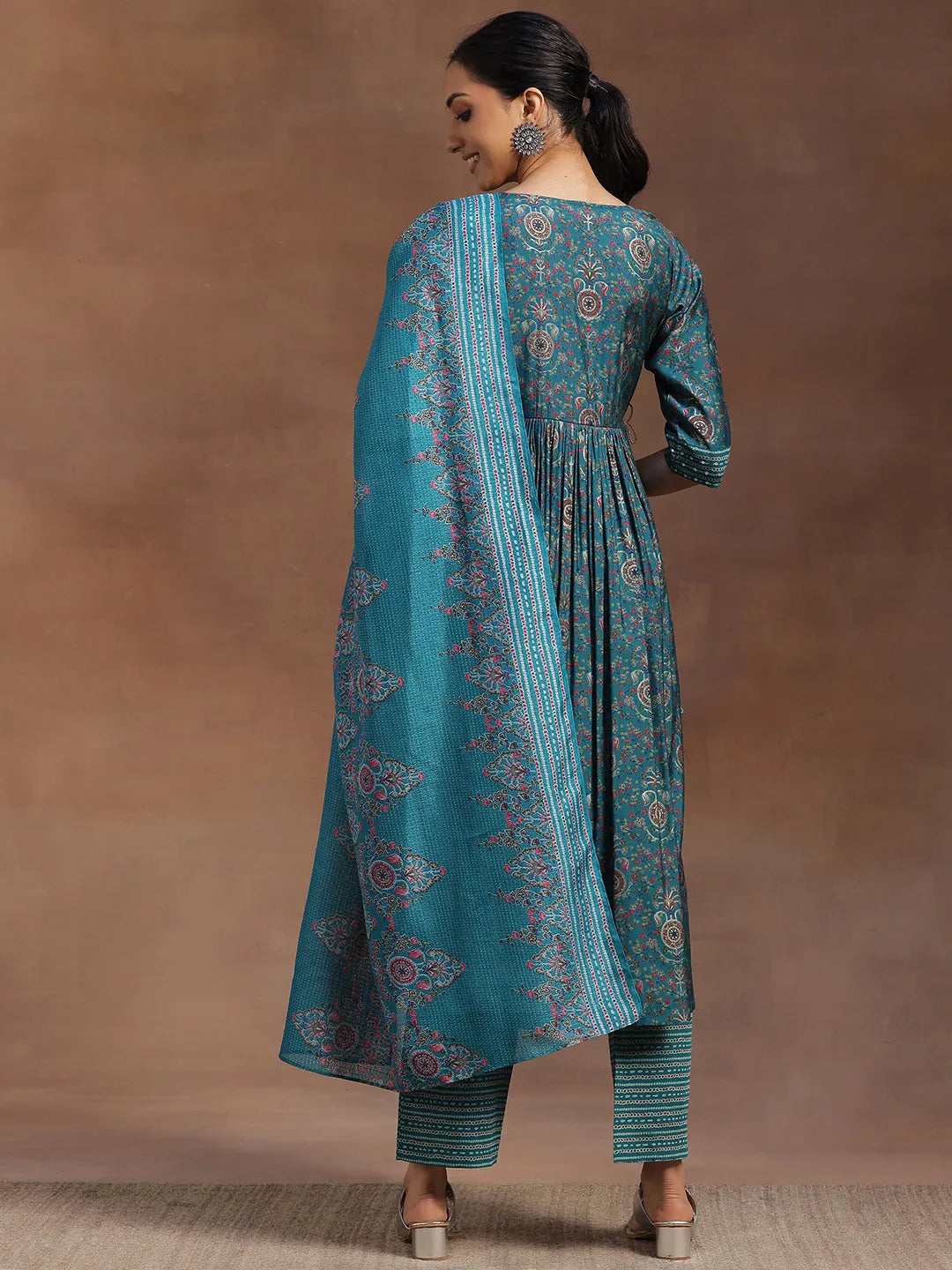  Rama Green Printed Silk Blend A-Line Kurta With Trousers & Dupatta 