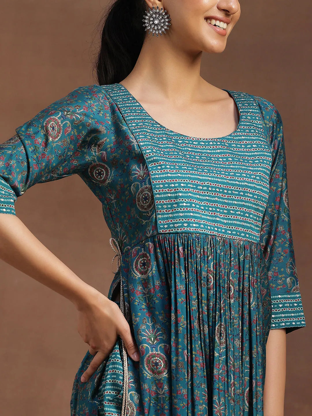  Rama Green Printed Silk Blend A-Line Kurta With Trousers & Dupatta 
