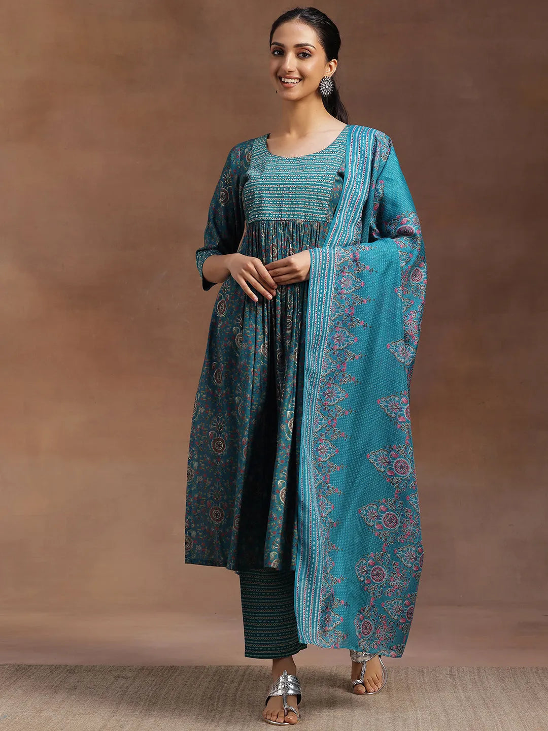  Rama Green Printed Silk Blend A-Line Kurta With Trousers & Dupatta 