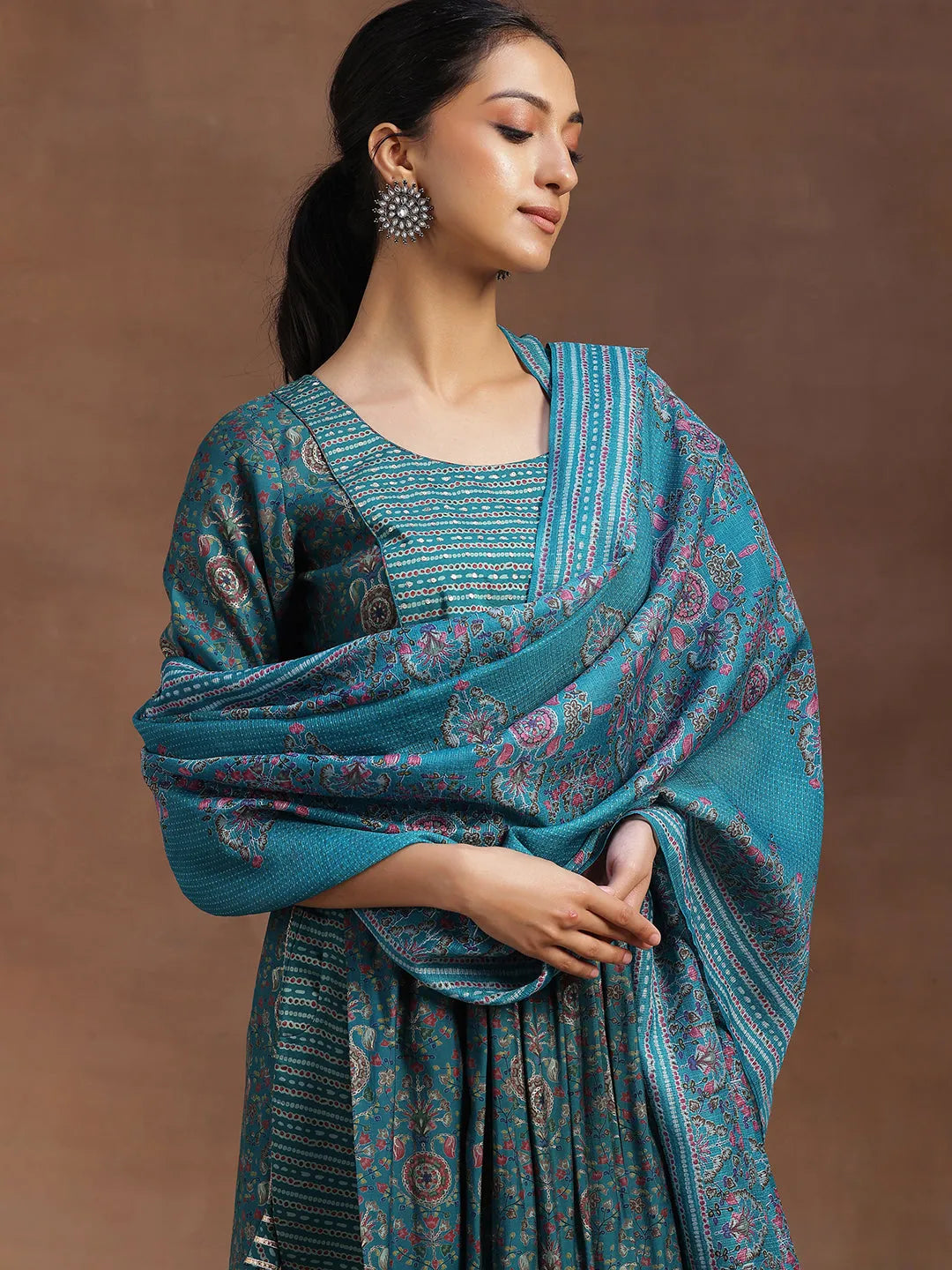  Rama Green Printed Silk Blend A-Line Kurta With Trousers & Dupatta 