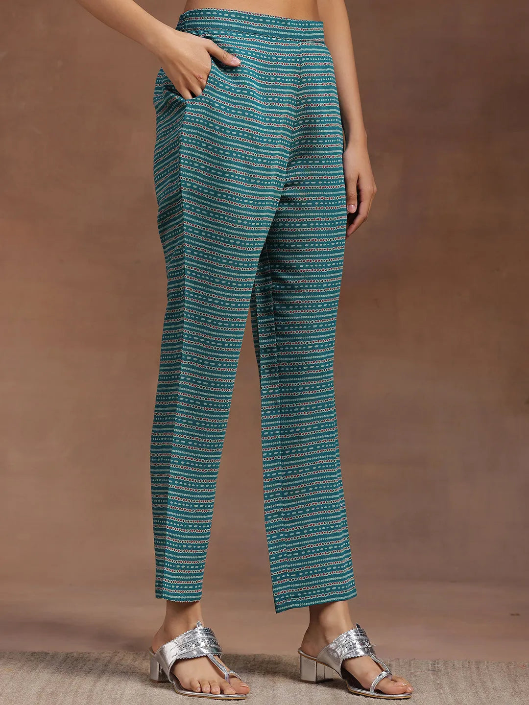  Rama Green Printed Silk Blend A-Line Kurta With Trousers & Dupatta 
