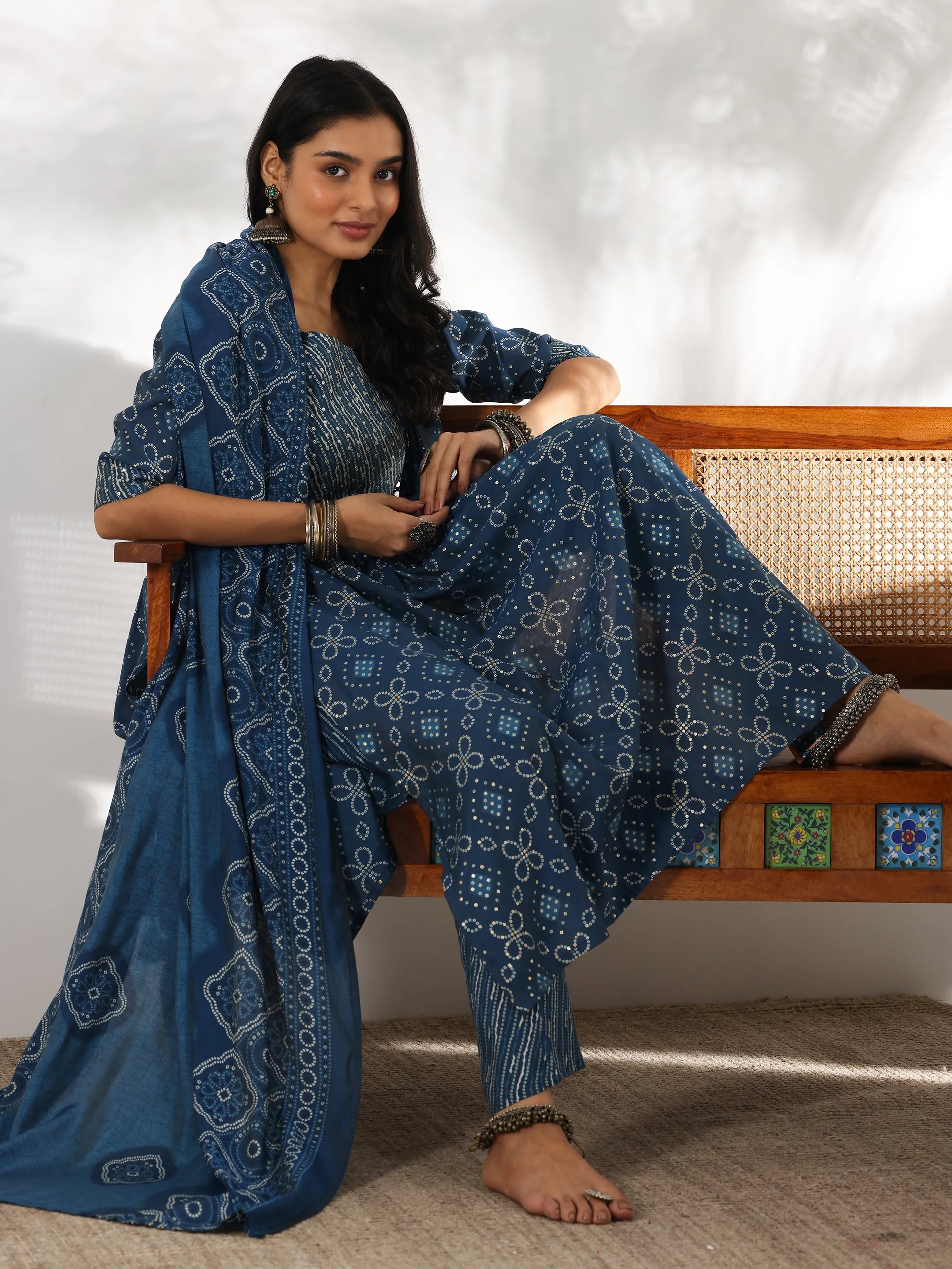 Blue Printed Silk Blend A-Line Kurta With Trousers & Dupatta-image-46