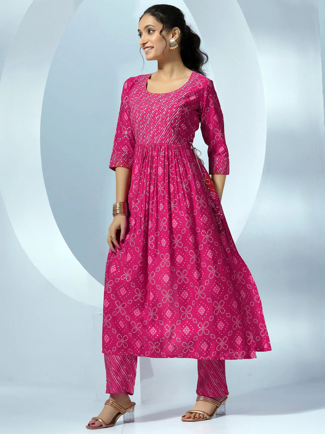  Pink Printed Silk Blend A-Line Kurta With Trousers & Dupatta 