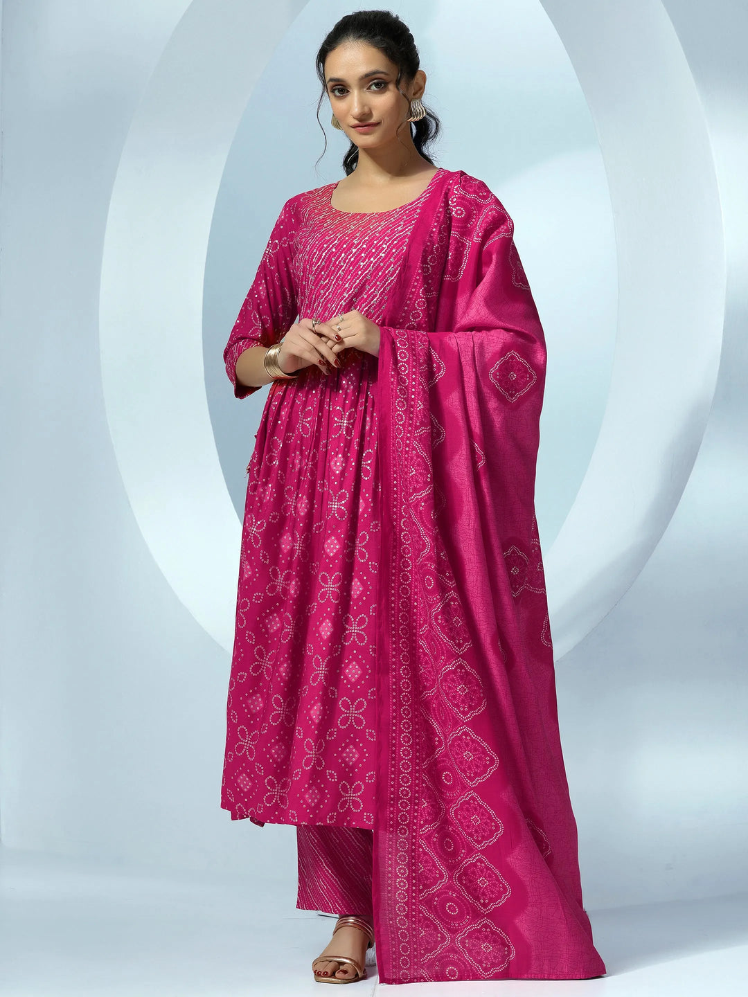  Pink Printed Silk Blend A-Line Kurta With Trousers & Dupatta 
