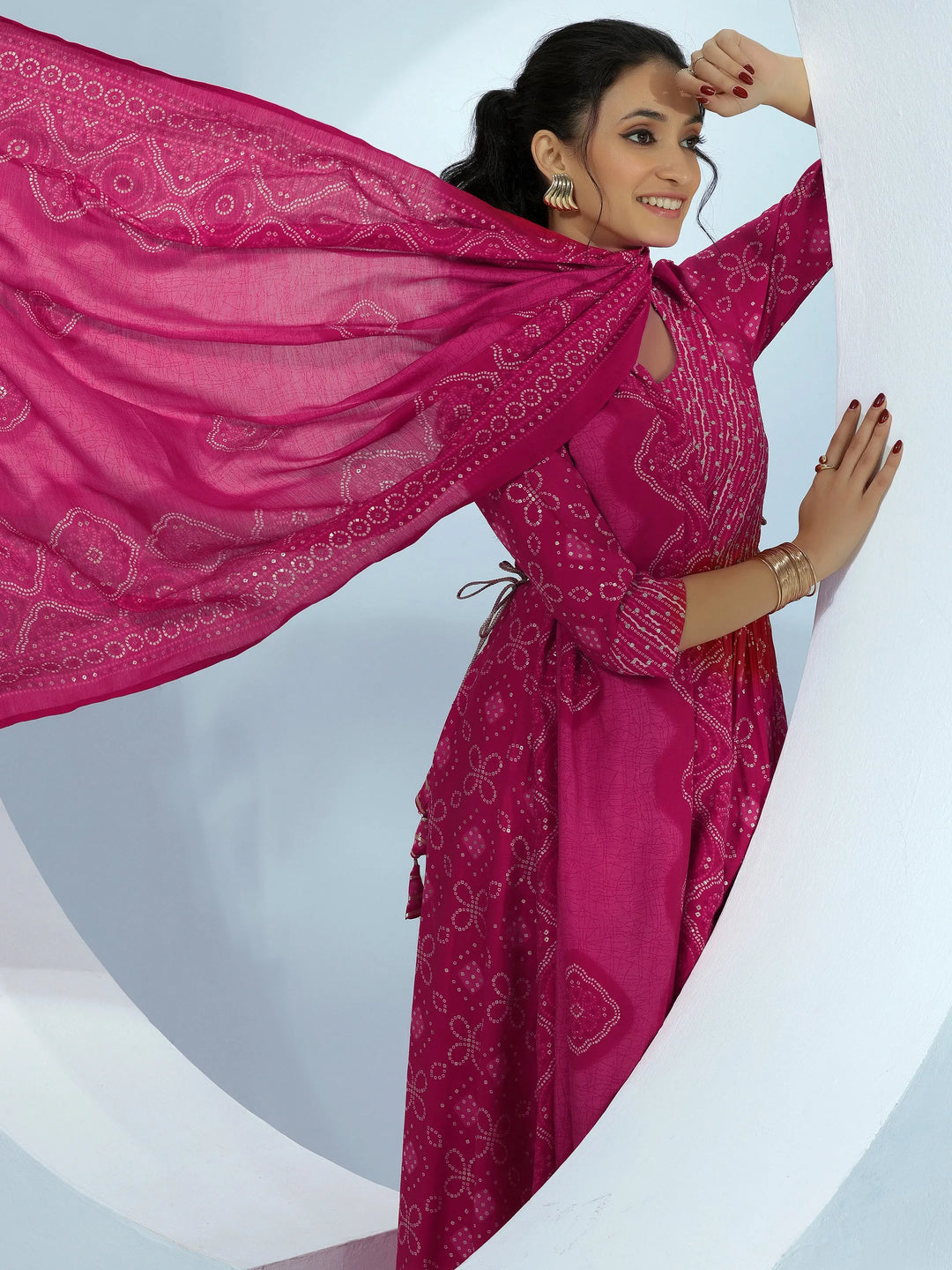  Pink Printed Silk Blend A-Line Kurta With Trousers & Dupatta 