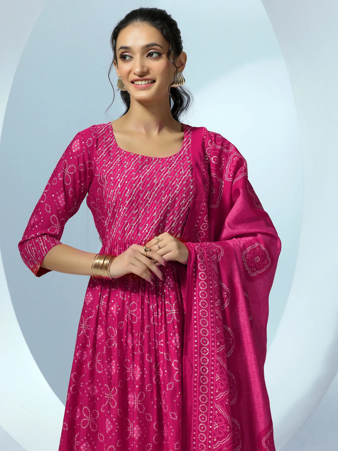  Pink Printed Silk Blend A-Line Kurta With Trousers & Dupatta 