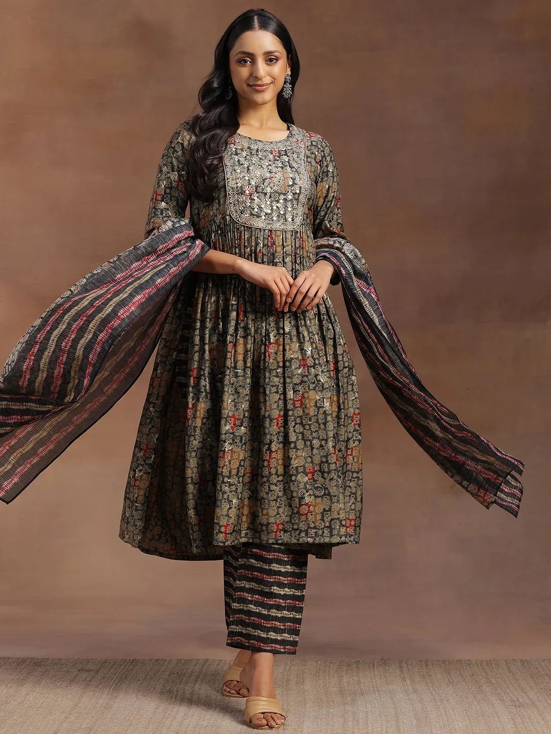 libas Green Printed Silk Blend A-Line Kurta With Trousers & Dupatta-picture-64