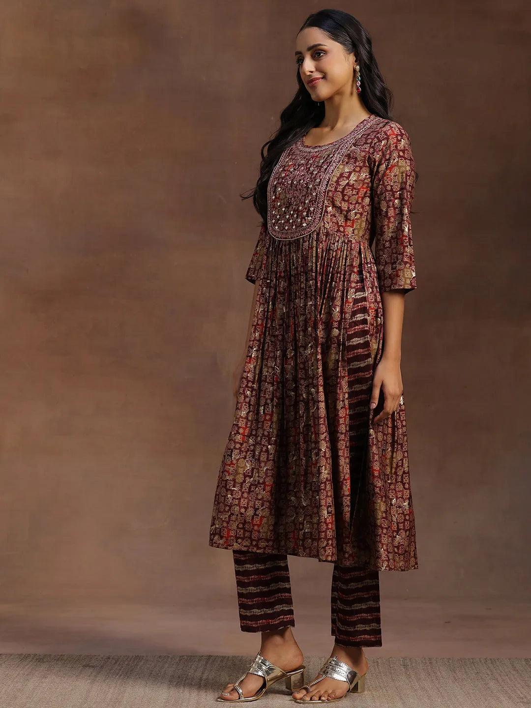  Burgundy Printed Silk Blend A-Line Kurta With Trousers & Dupatta 