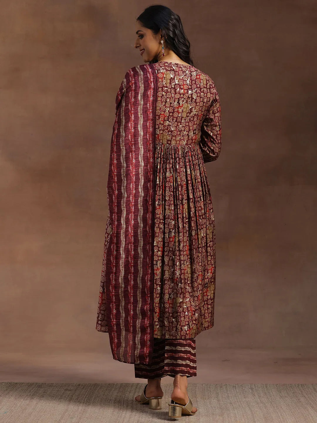  Burgundy Printed Silk Blend A-Line Kurta With Trousers & Dupatta 