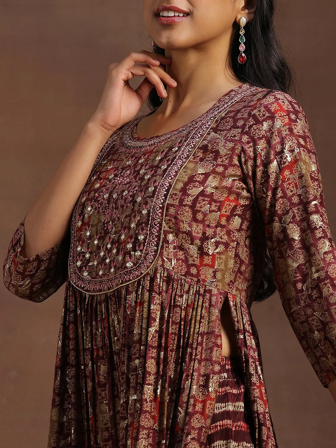  Burgundy Printed Silk Blend A-Line Kurta With Trousers & Dupatta 