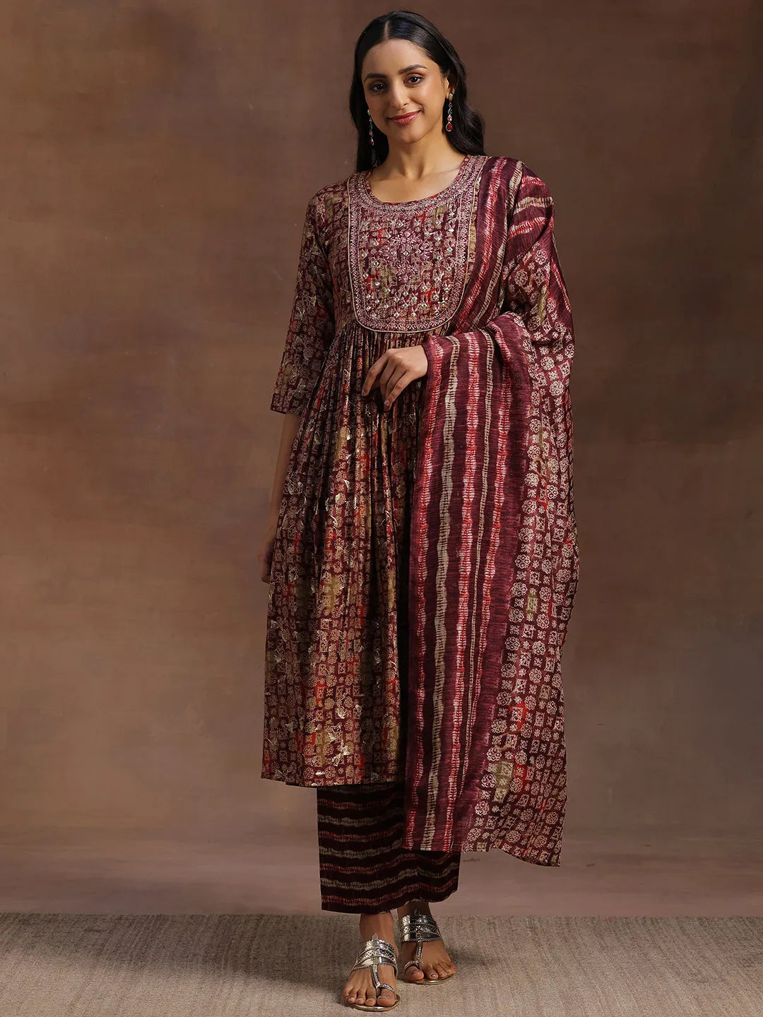  Burgundy Printed Silk Blend A-Line Kurta With Trousers & Dupatta 