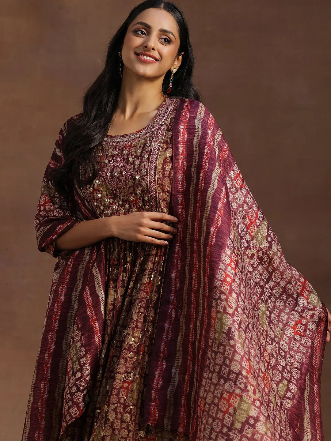  Burgundy Printed Silk Blend A-Line Kurta With Trousers & Dupatta 