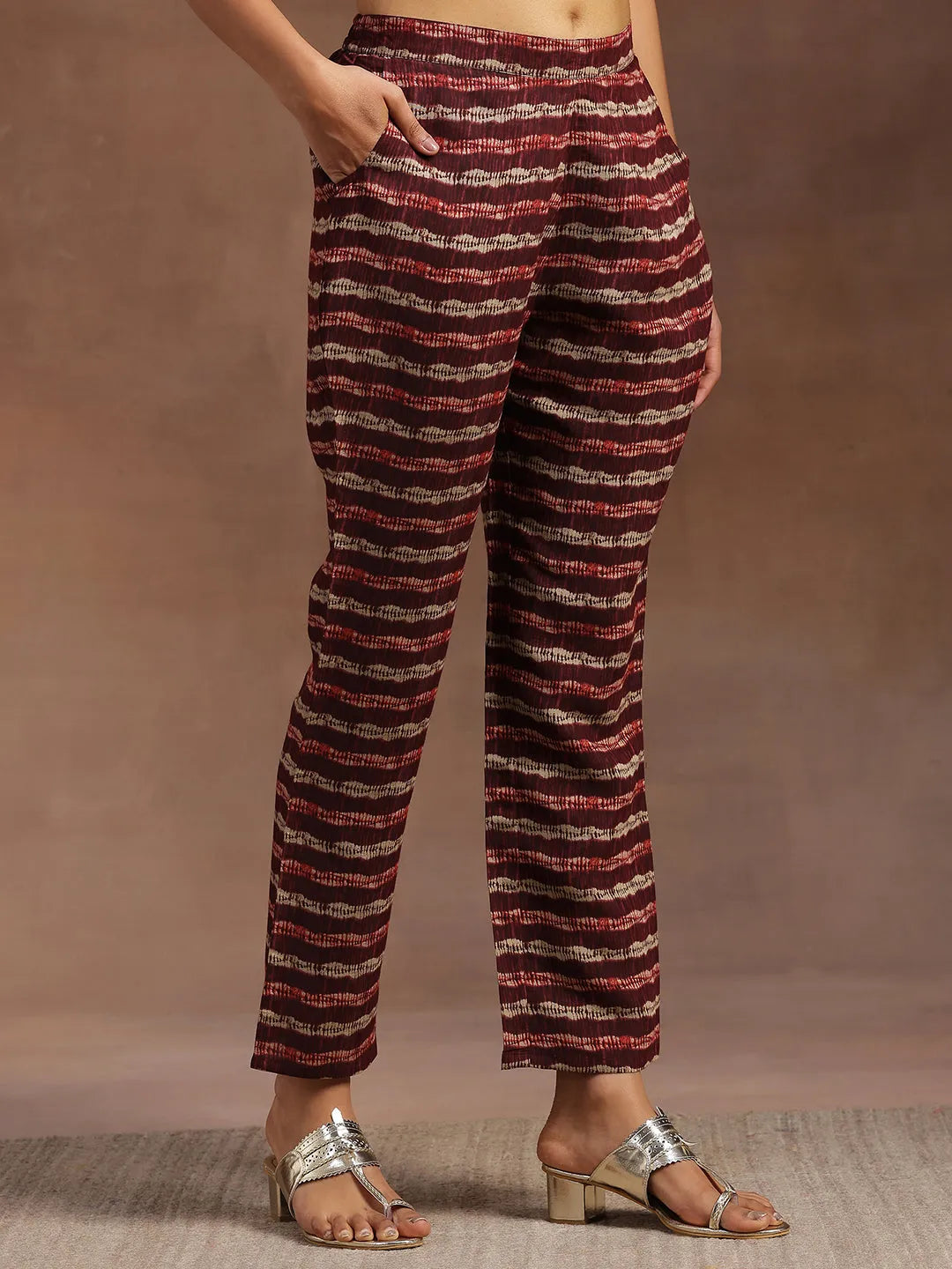  Burgundy Printed Silk Blend A-Line Kurta With Trousers & Dupatta 