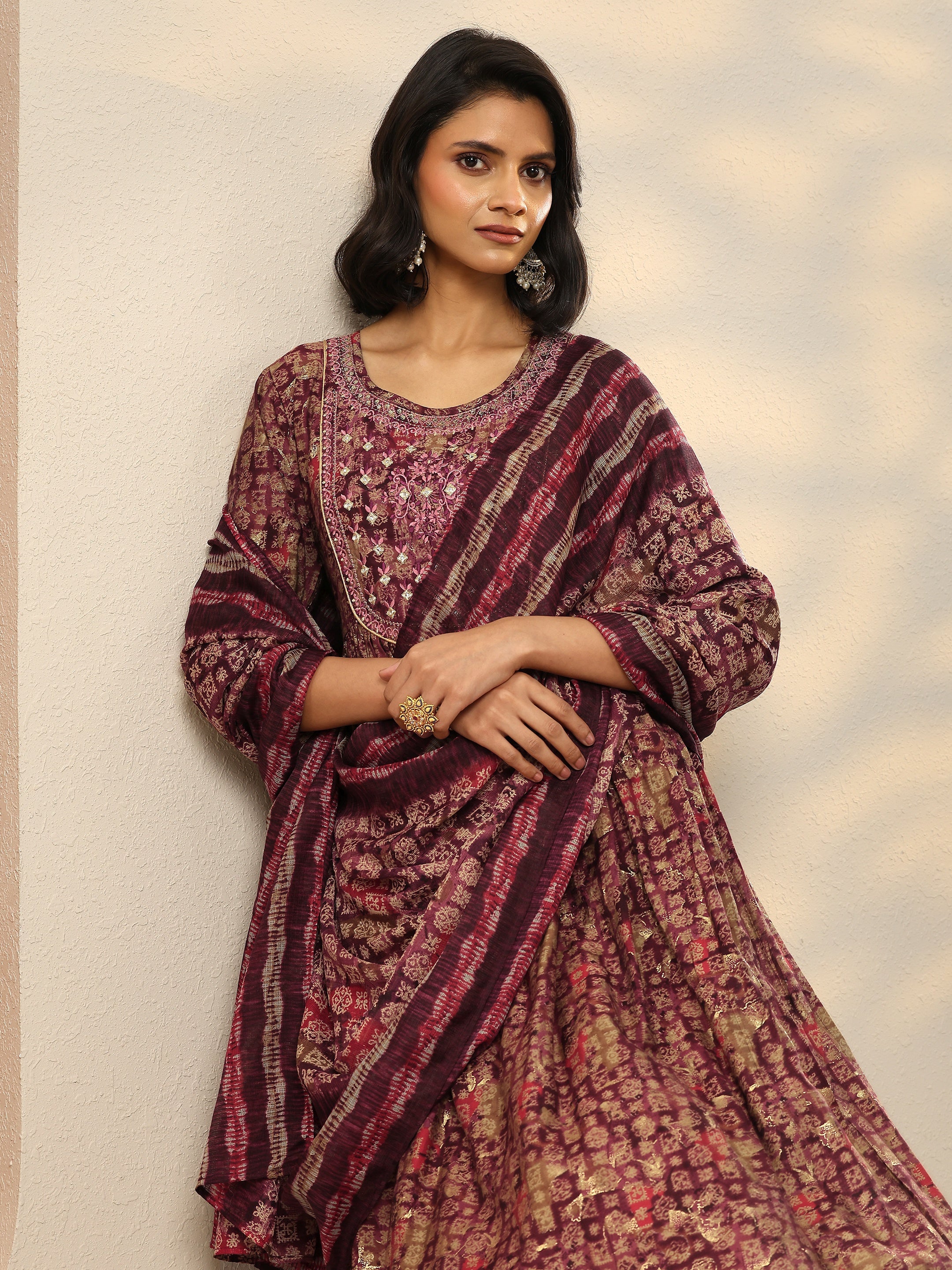libas Burgundy Printed Silk Blend A-Line Kurta With Trousers & Dupatta-picture-68