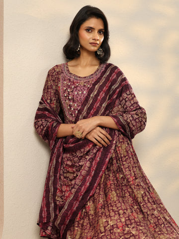 Burgundy Printed Silk Blend A-Line Kurta With Trousers & Dupatta
