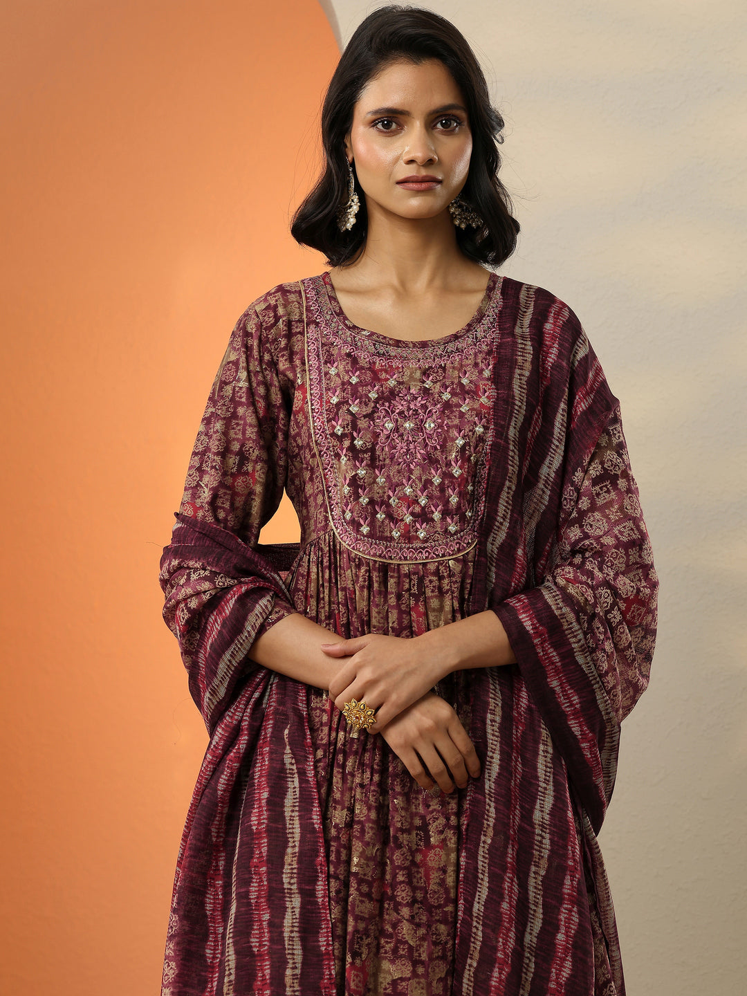  Burgundy Printed Silk Blend A-Line Kurta With Trousers & Dupatta 