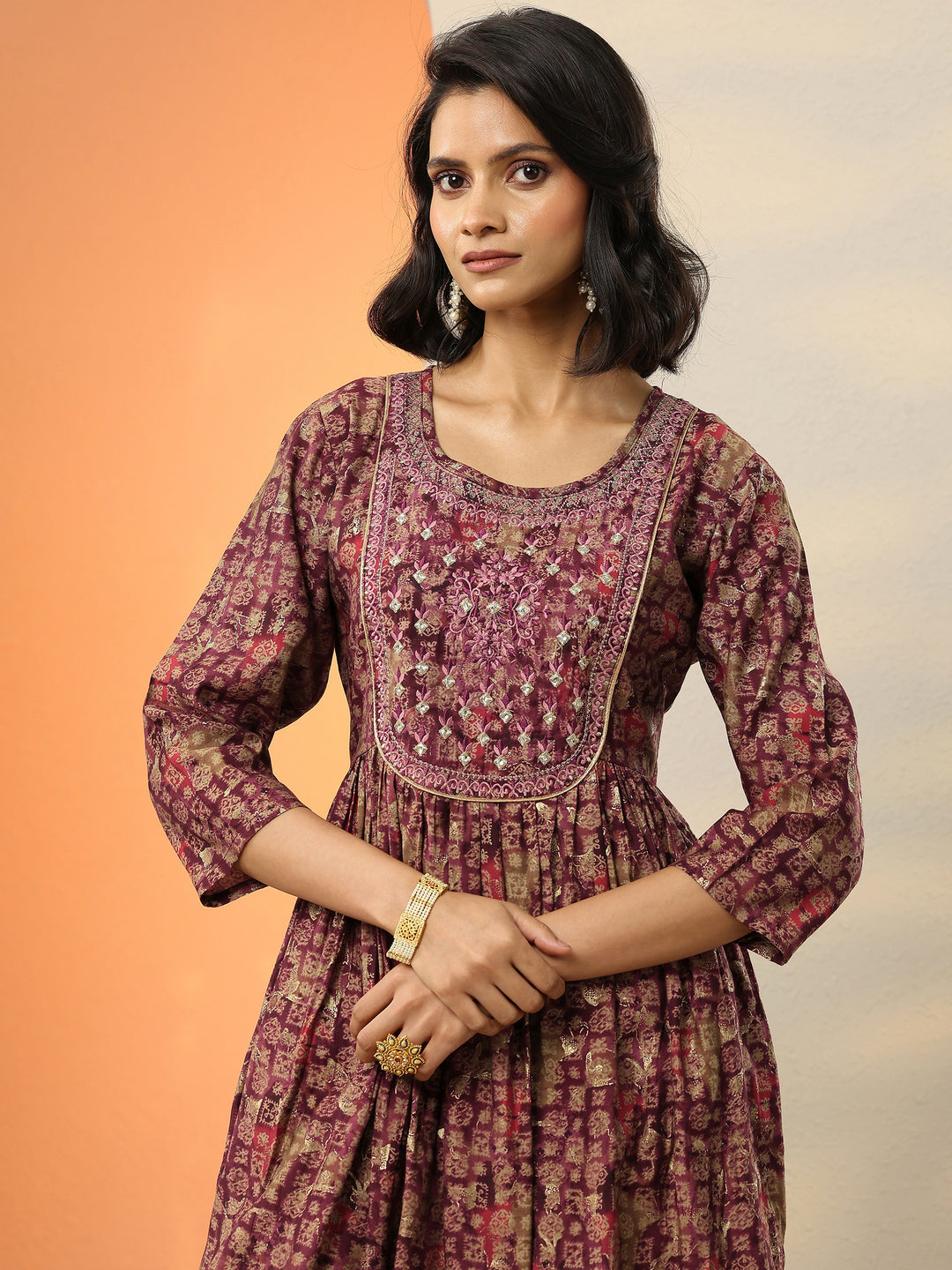  Burgundy Printed Silk Blend A-Line Kurta With Trousers & Dupatta 