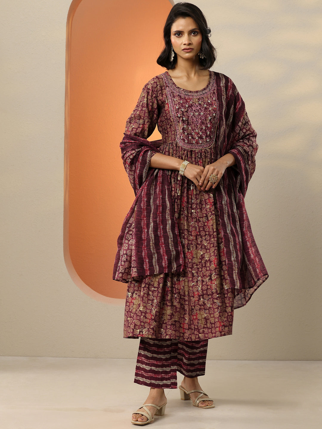  Burgundy Printed Silk Blend A-Line Kurta With Trousers & Dupatta 