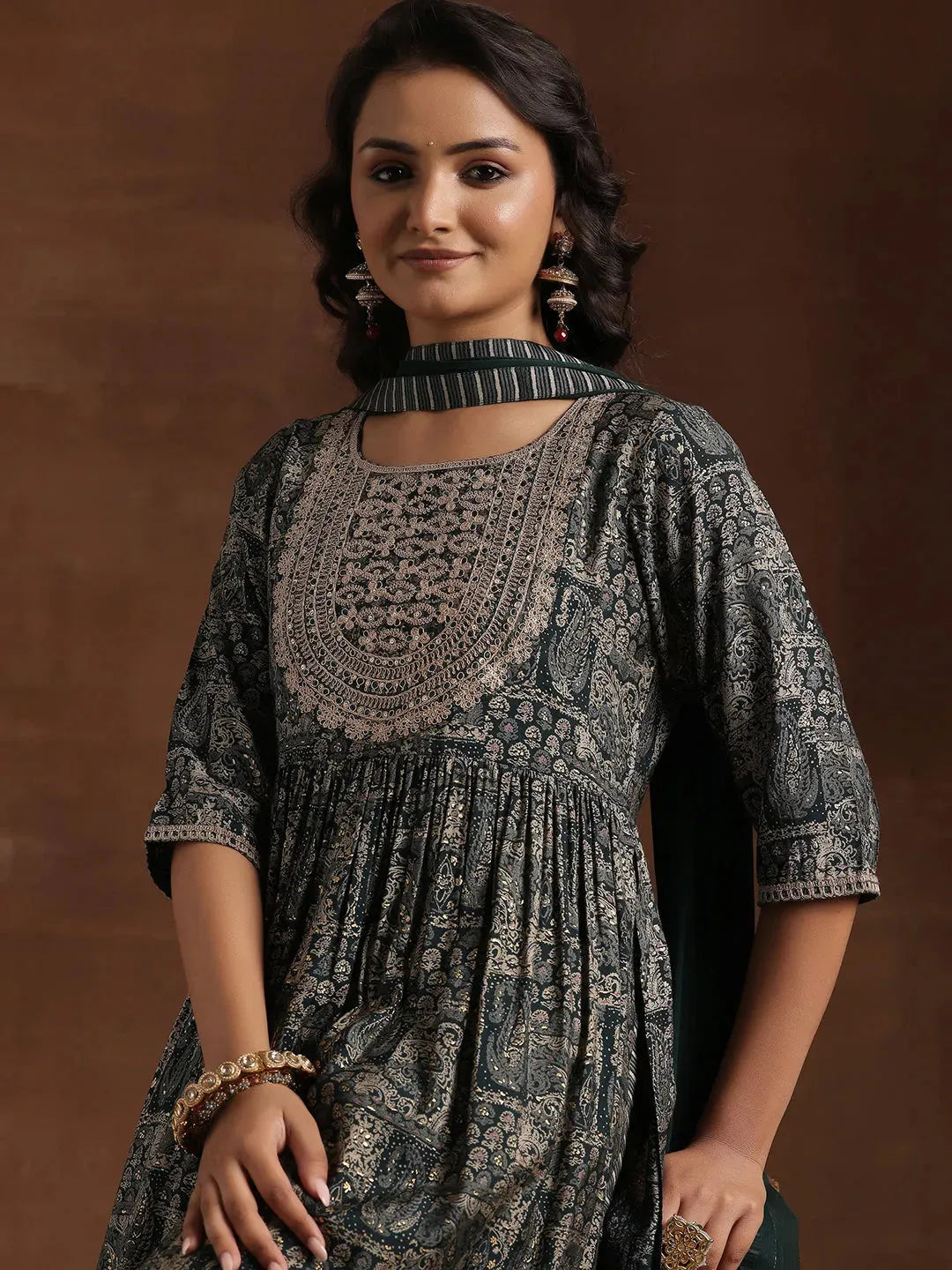  Green Printed Silk Blend A-Line Kurta With Trousers & Dupatta 