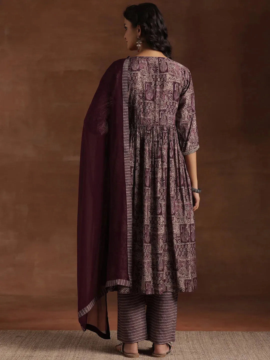 Wine Printed Silk Blend A-Line Kurta With Trousers & Dupatta 