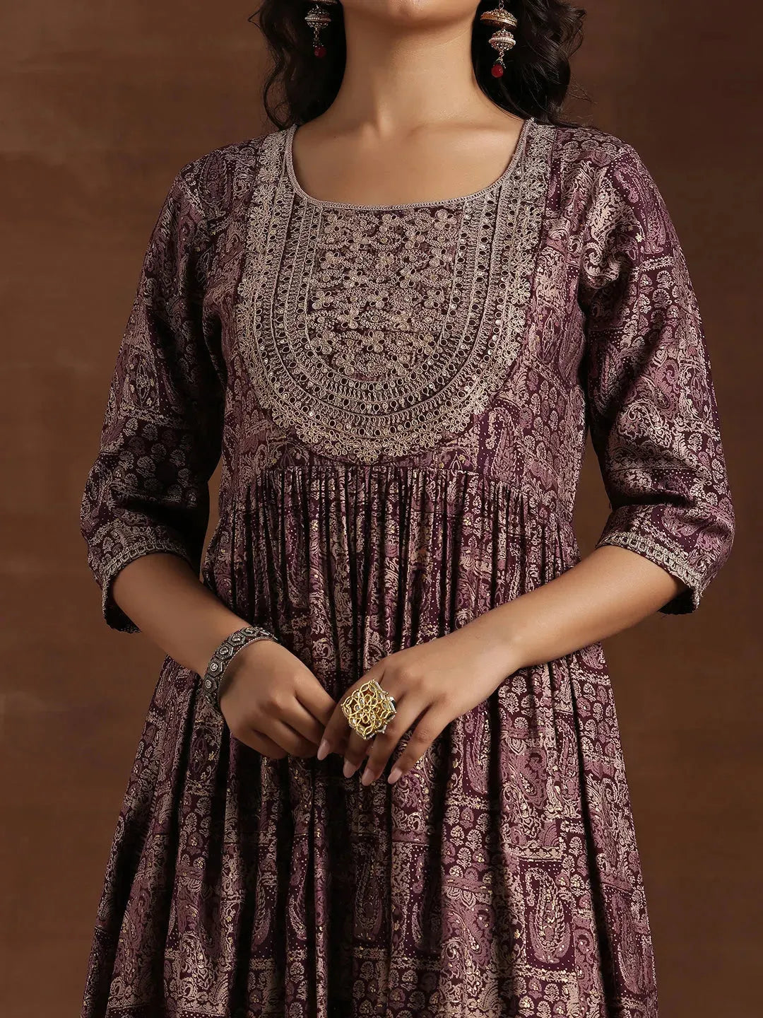  Wine Printed Silk Blend A-Line Kurta With Trousers & Dupatta 