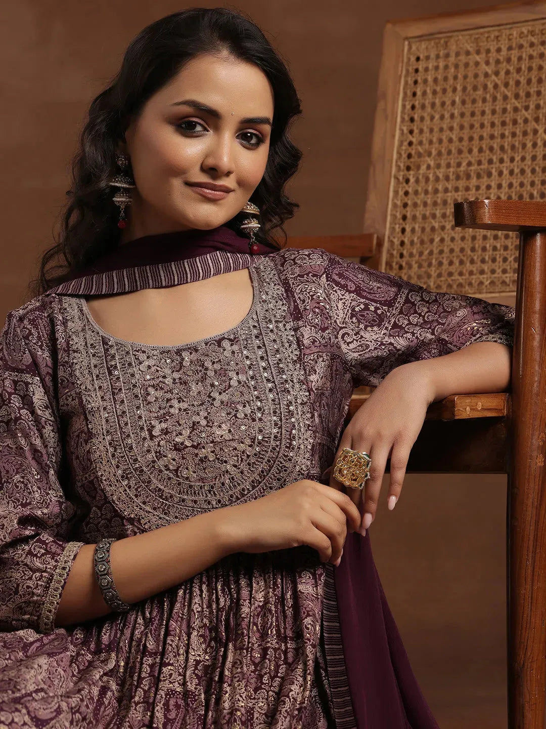  Wine Printed Silk Blend A-Line Kurta With Trousers & Dupatta 