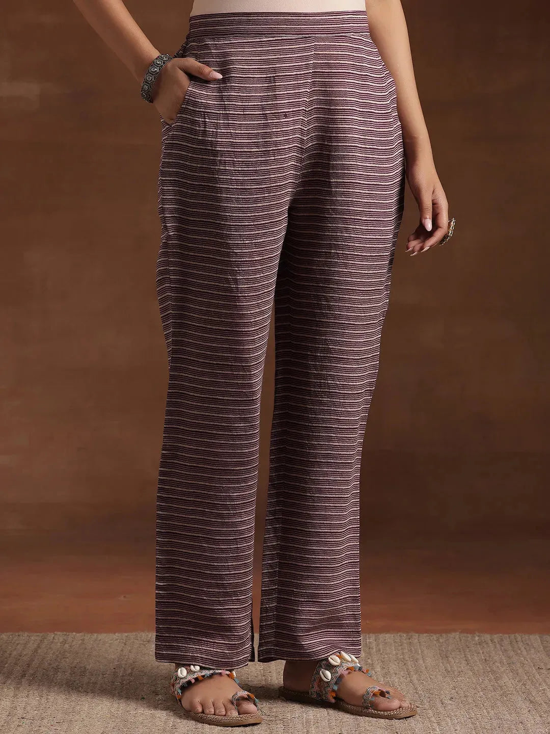  Wine Printed Silk Blend A-Line Kurta With Trousers & Dupatta 