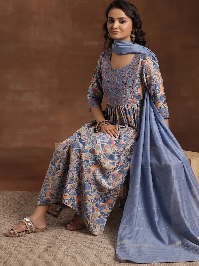 Libas Blue Printed Silk Blend A-Line Kurta With Trousers & Dupatta