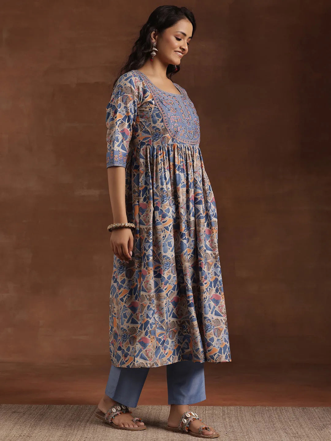  Blue Printed Silk Blend A-Line Kurta With Trousers & Dupatta 