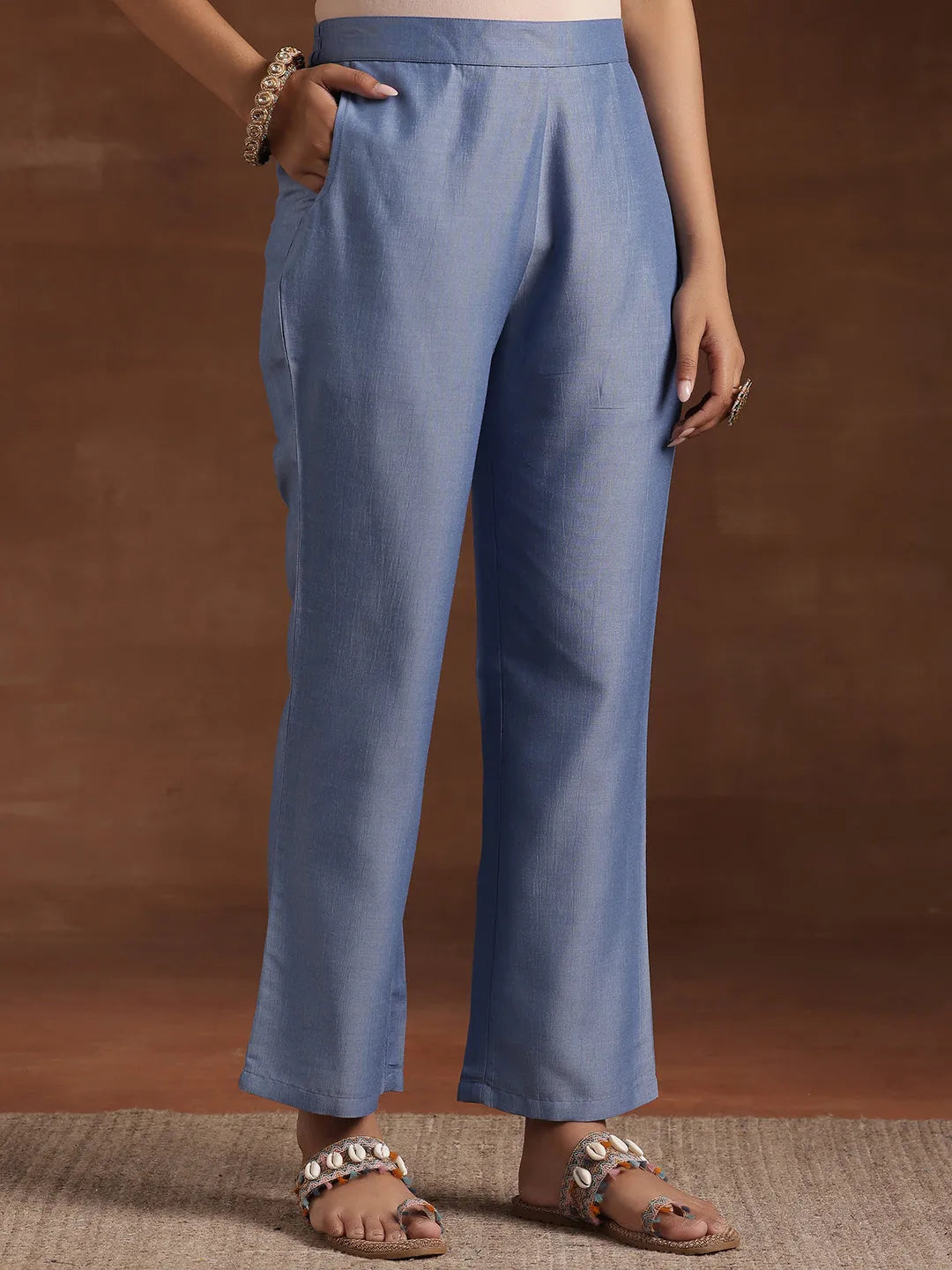  Blue Printed Silk Blend A-Line Kurta With Trousers & Dupatta 