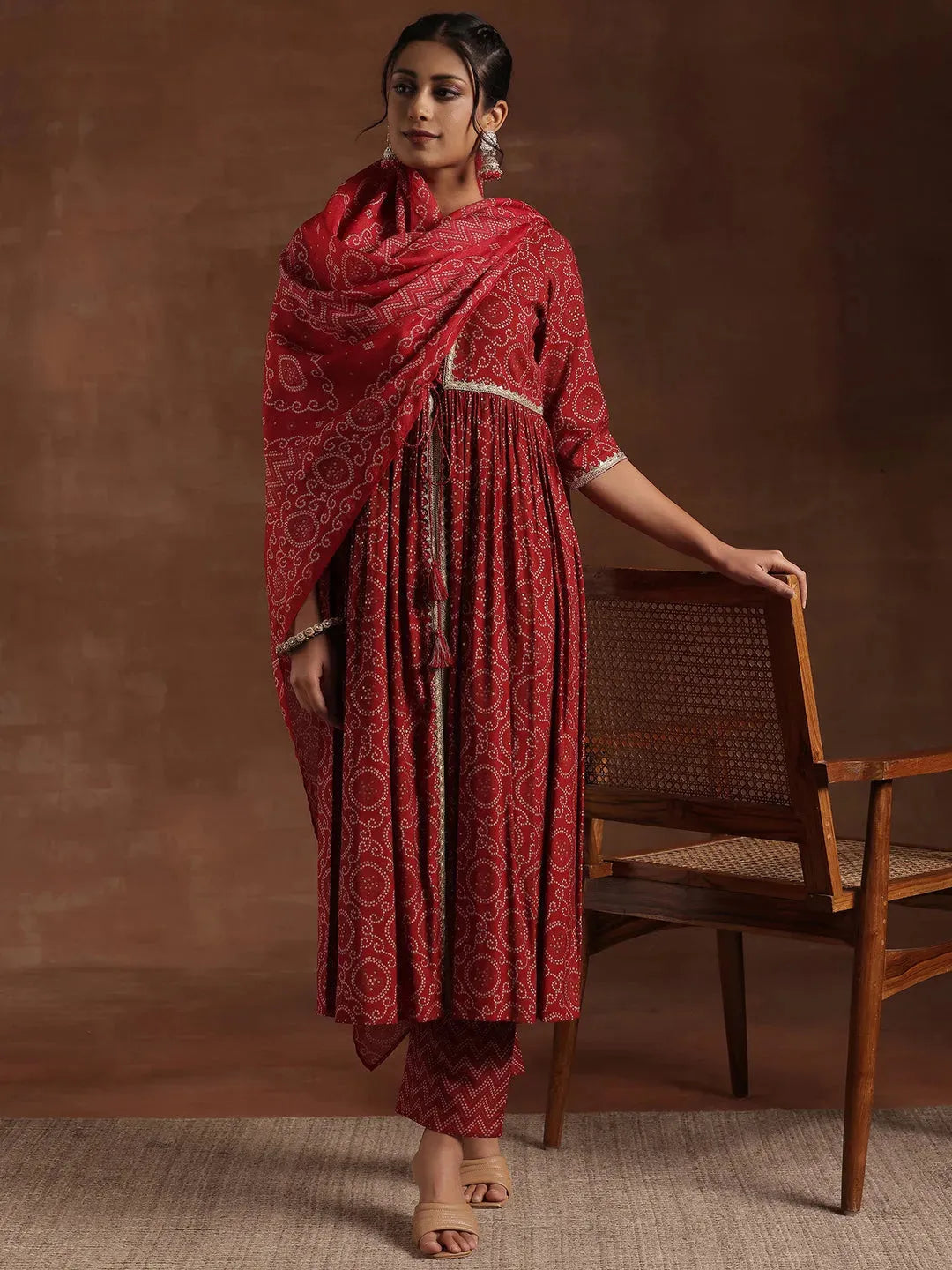  Red Printed Silk Blend A-Line Kurta With Trousers & Dupatta 