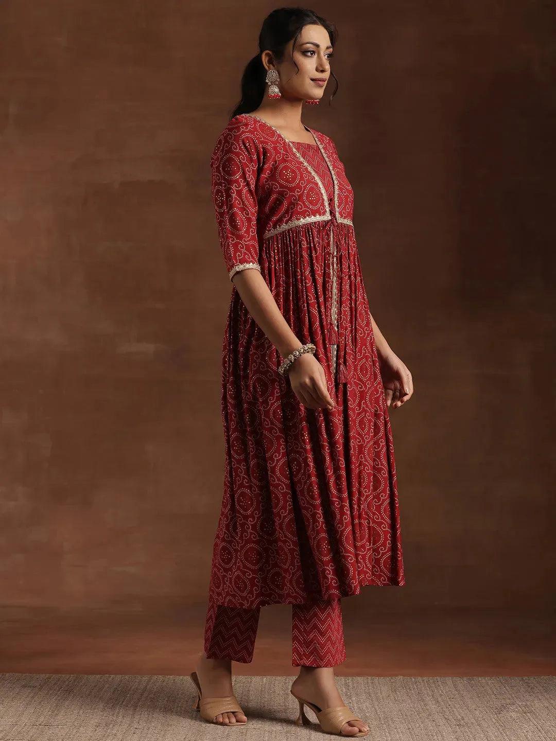  Red Printed Silk Blend A-Line Kurta With Trousers & Dupatta 