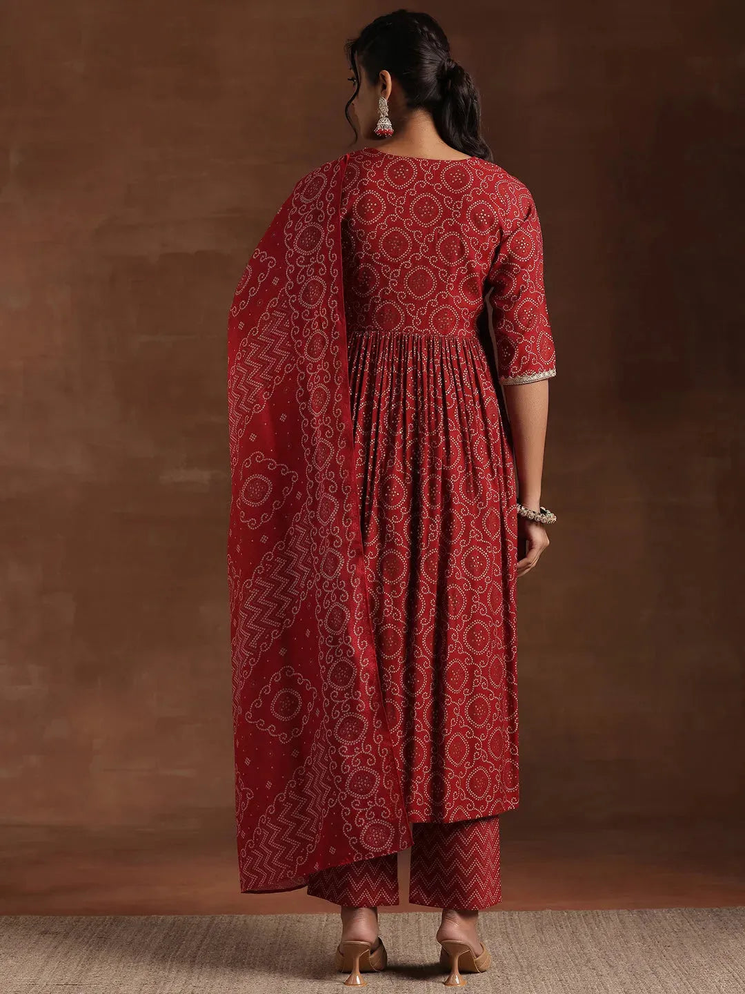  Red Printed Silk Blend A-Line Kurta With Trousers & Dupatta 