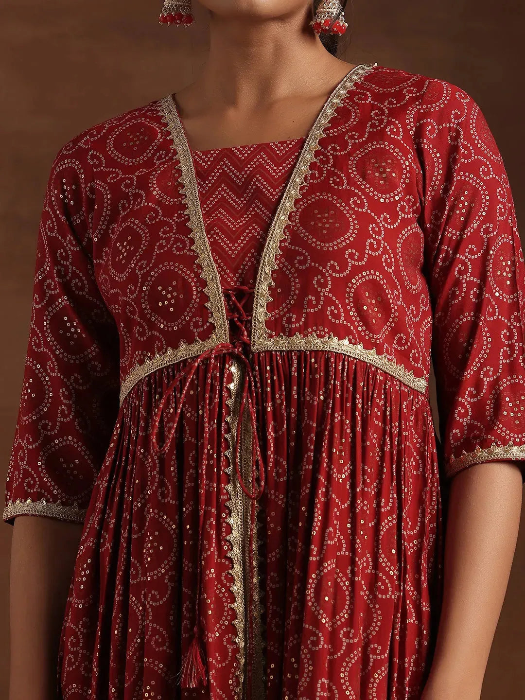  Red Printed Silk Blend A-Line Kurta With Trousers & Dupatta 