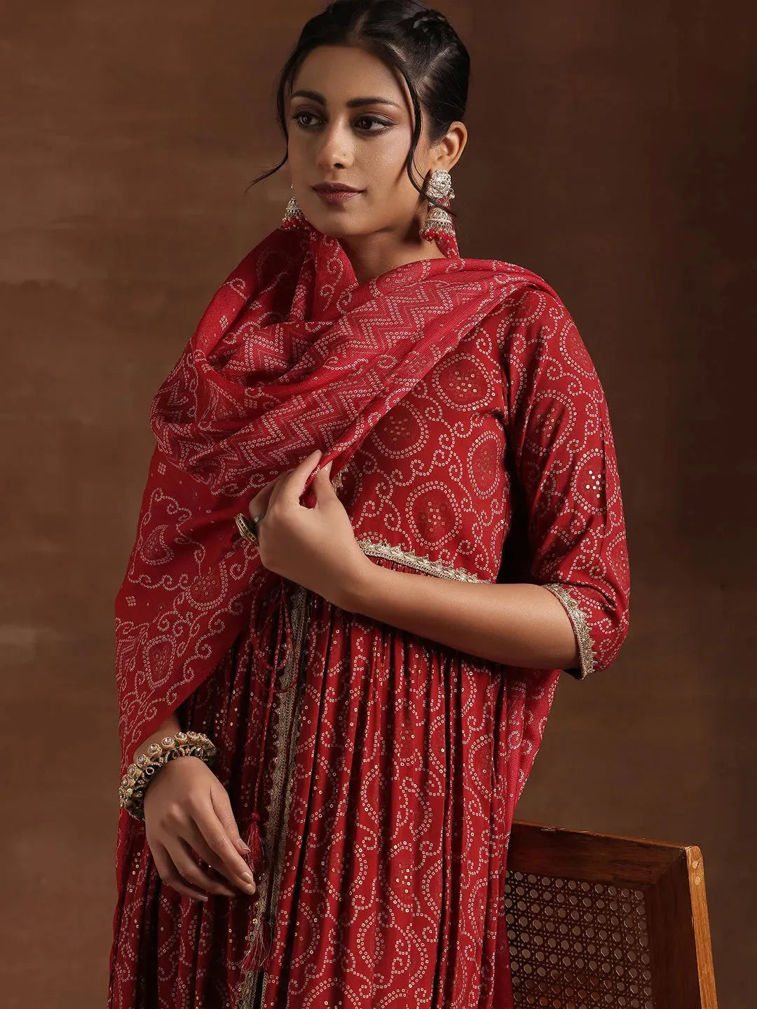  Red Printed Silk Blend A-Line Kurta With Trousers & Dupatta 