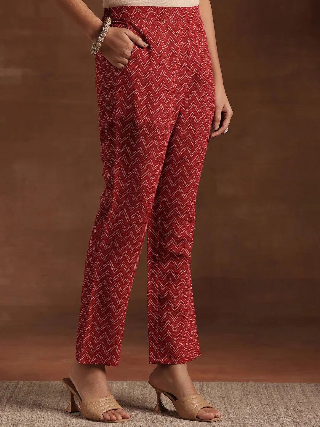  Red Printed Silk Blend A-Line Kurta With Trousers & Dupatta 
