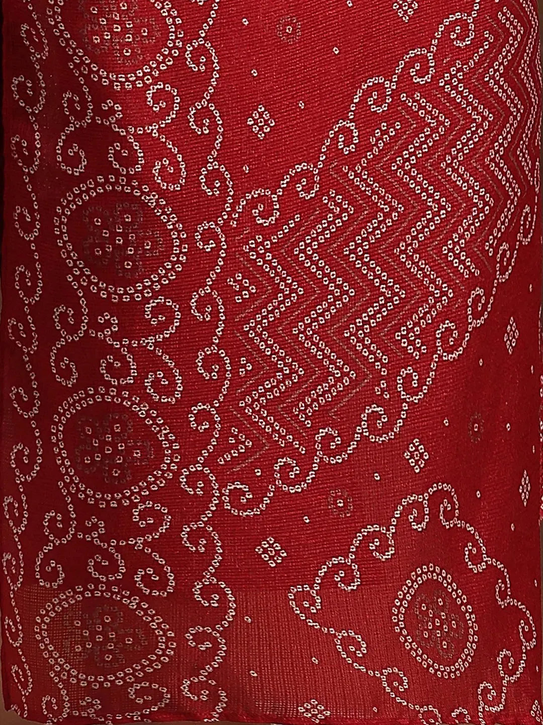  Red Printed Silk Blend A-Line Kurta With Trousers & Dupatta 