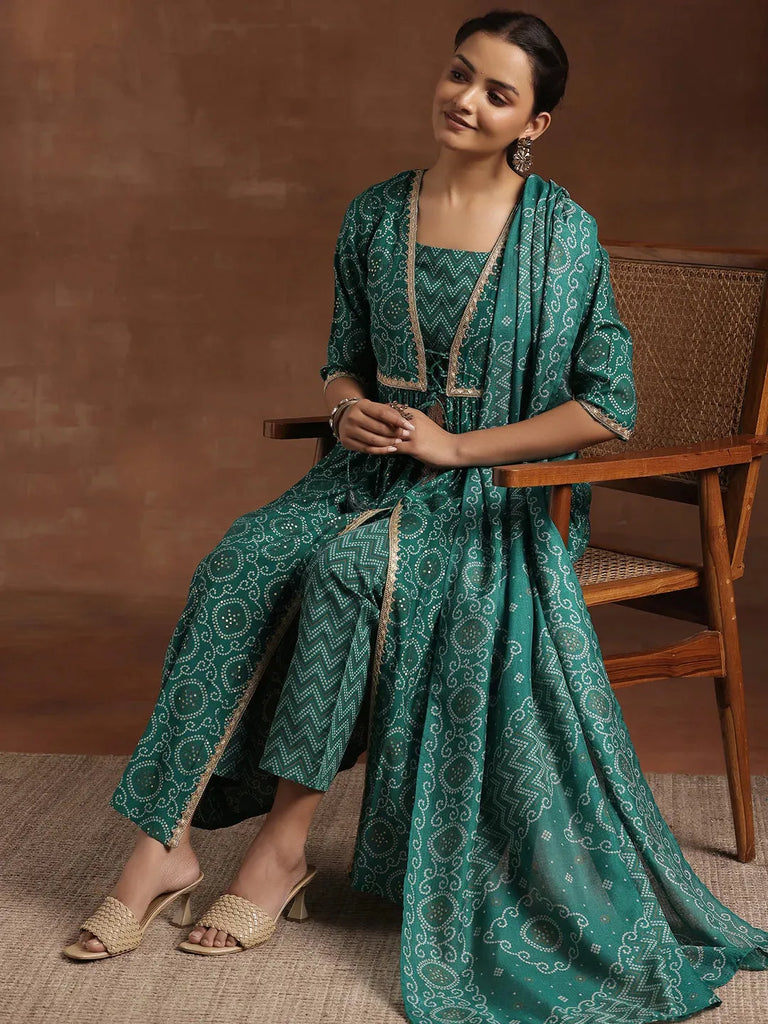 Libas Rama Green Printed Silk Blend A-Line Kurta With Trousers & Dupatta