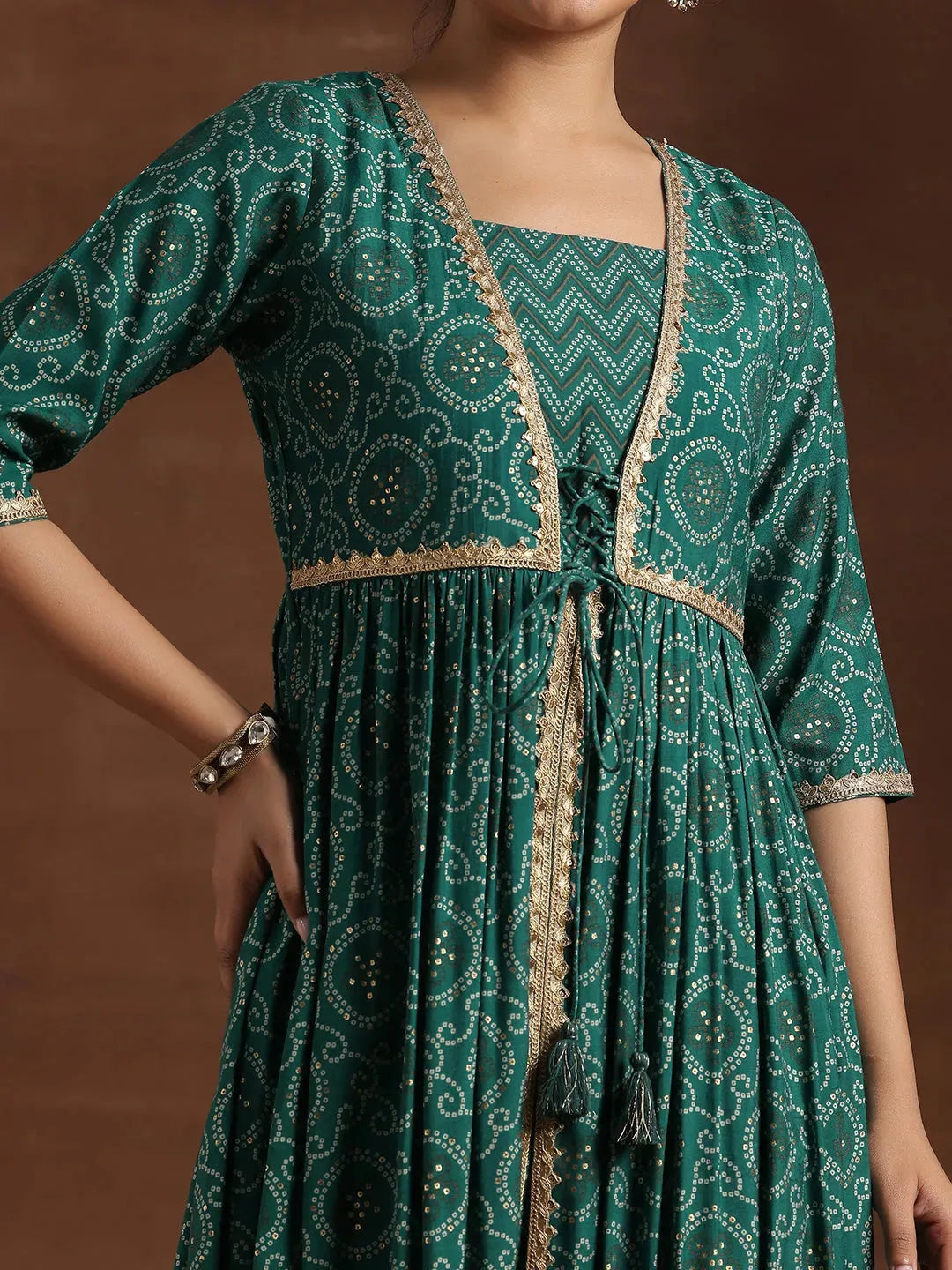  Rama Green Printed Silk Blend A-Line Kurta With Trousers & Dupatta 