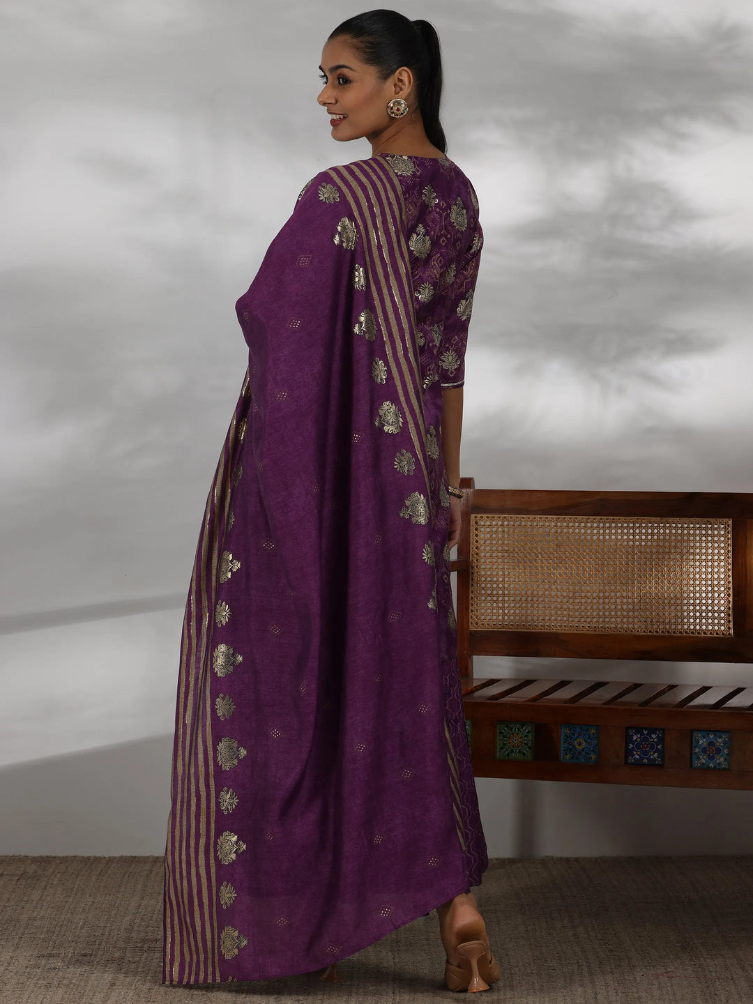  Purple Printed Silk Blend Straight Suit With Dupatta 