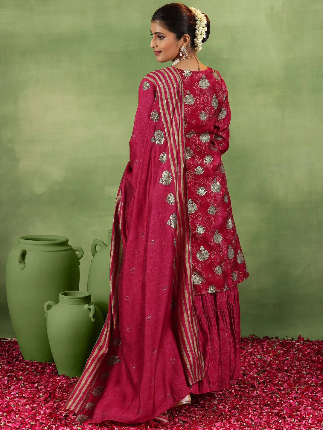 Pink Printed Silk Blend Straight Suit With Dupatta 