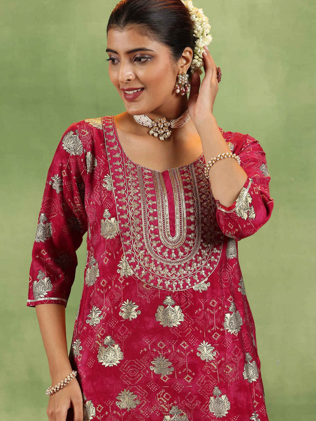  Pink Printed Silk Blend Straight Suit With Dupatta 