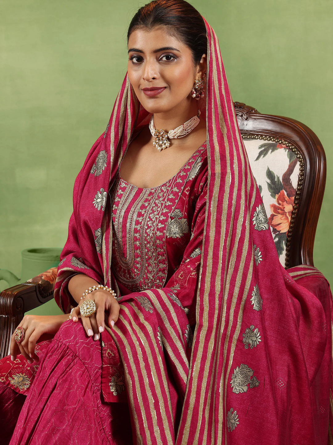  Pink Printed Silk Blend Straight Suit With Dupatta 