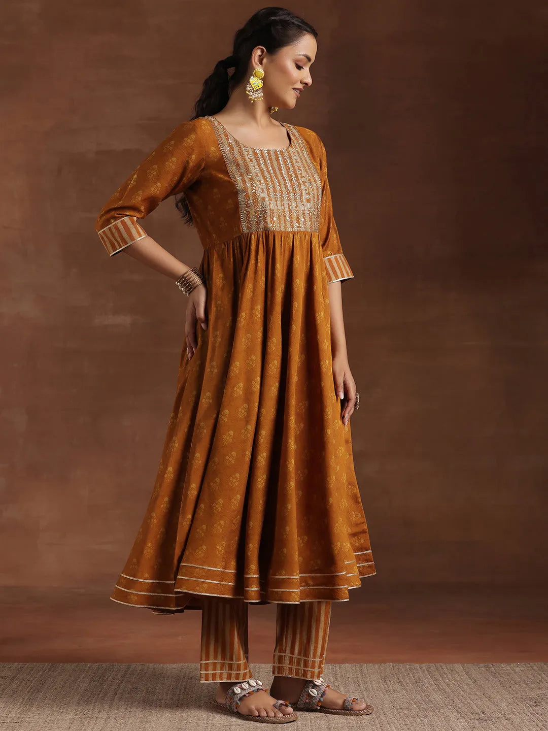  Mustard Printed Silk Blend Anarkali Suit With Dupatta 