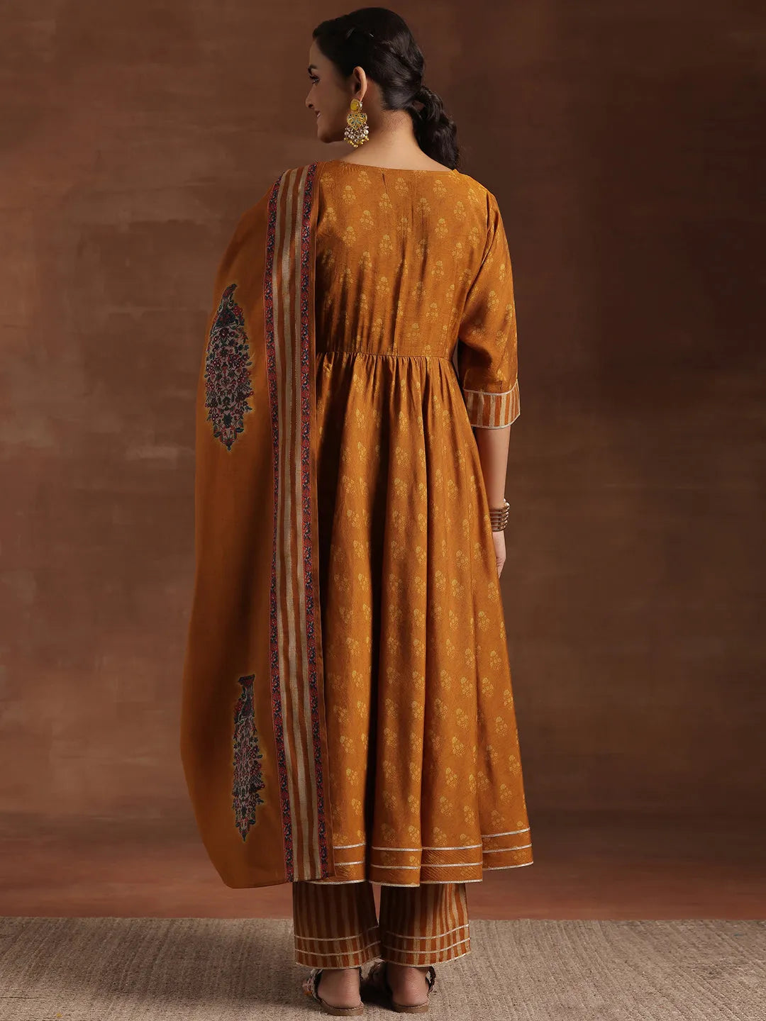  Mustard Printed Silk Blend Anarkali Suit With Dupatta 