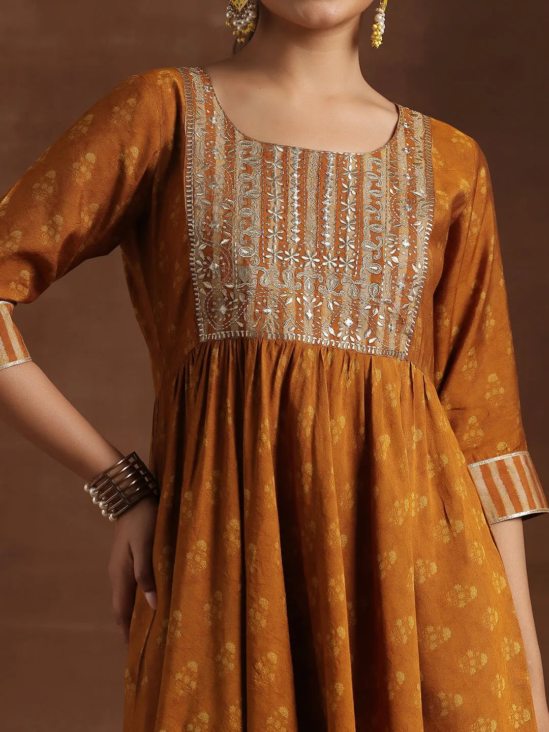  Mustard Printed Silk Blend Anarkali Suit With Dupatta 