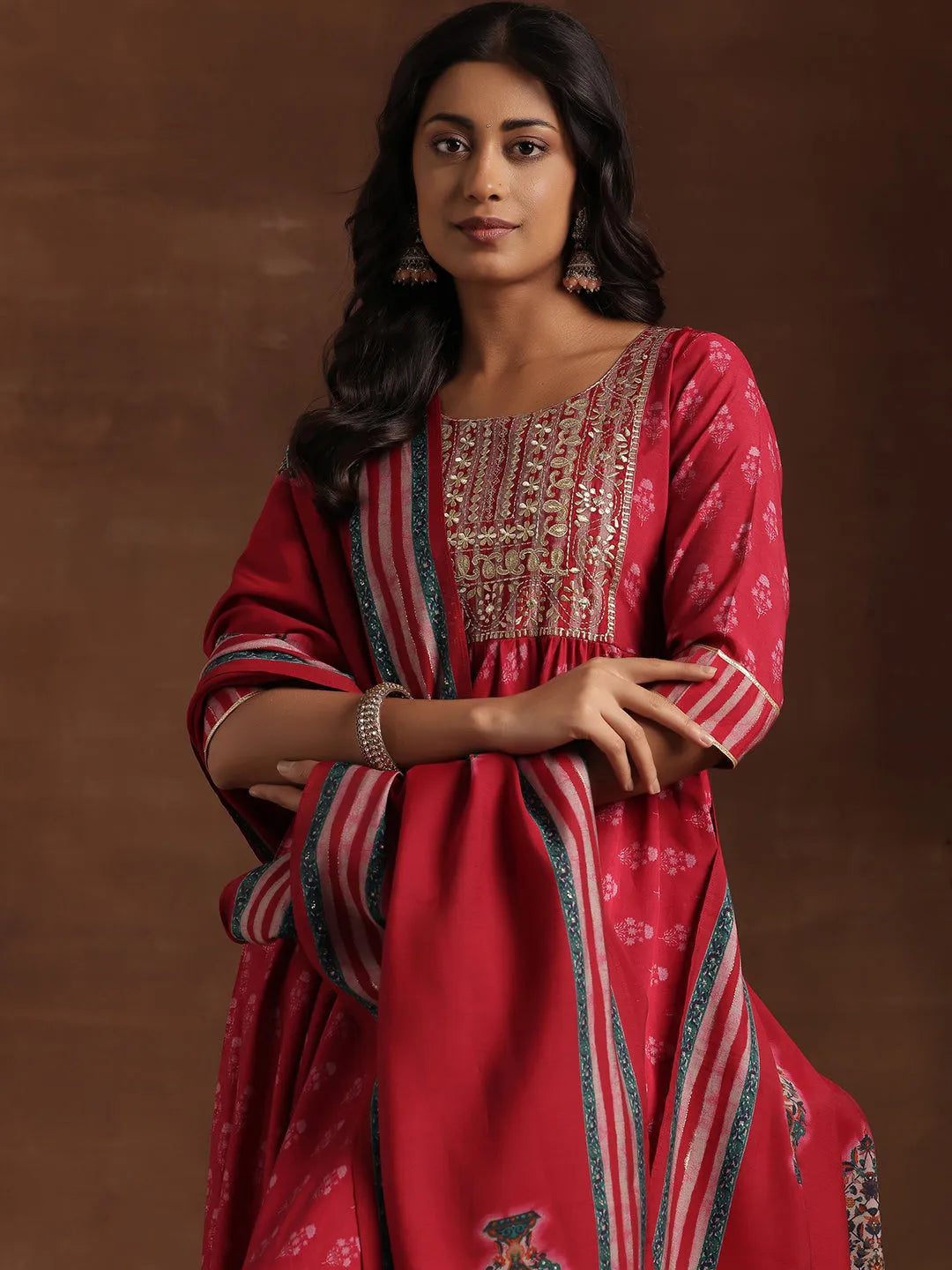  Pink Printed Silk Blend Anarkali Suit With Dupatta 