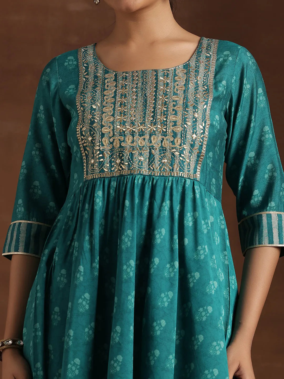  Blue Printed Silk Blend Anarkali Suit With Dupatta 