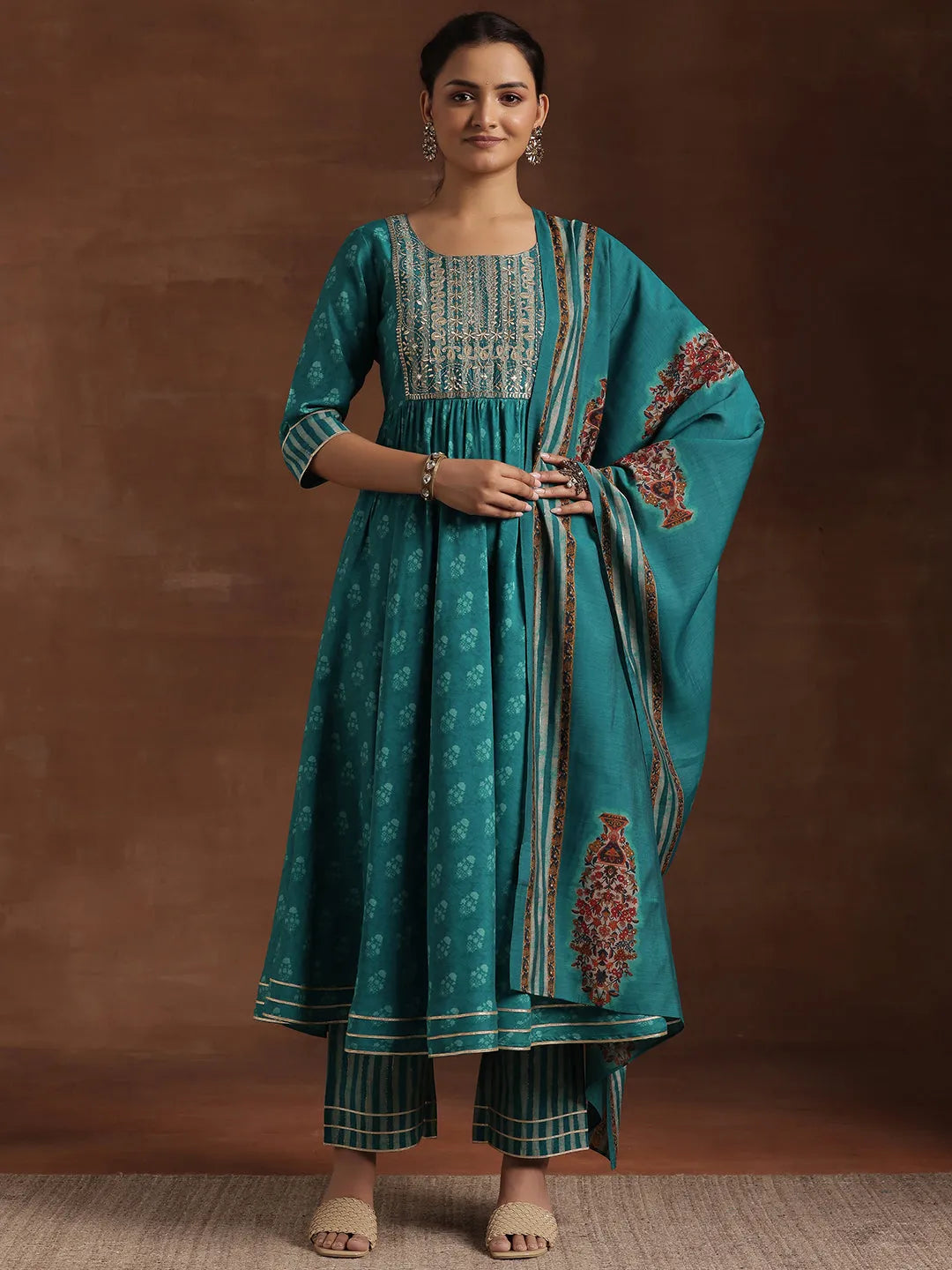  Blue Printed Silk Blend Anarkali Suit With Dupatta 