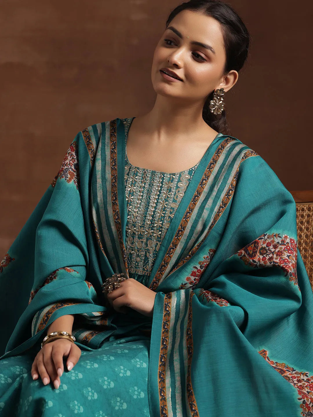  Blue Printed Silk Blend Anarkali Suit With Dupatta 